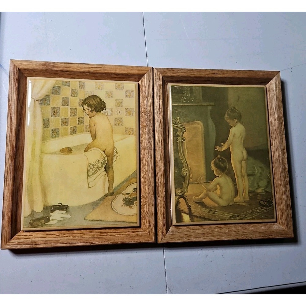 2 Jessie Wilcox Smith Ceramic Tile Art Girls Bath & Fireplace Oak Frame Kimberly